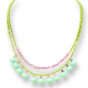 David Aubrey Double Layer Necklace Green Pink Teal Beaded Dangle  15-16.5"